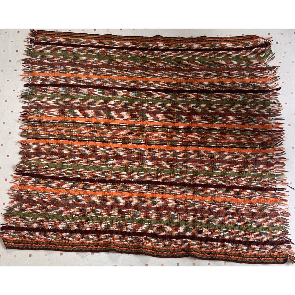 Vintage 1970s Handmade Crochet Orange Brown Afghan Blanket‎ Approx 50"x55"
